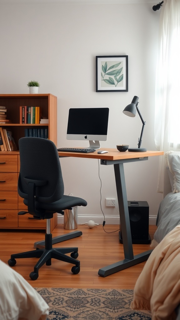 A workspace in a bedroom featuring an adjustable height desk, a comfortable chair, and a computer, with warm lighting and decorative elements.