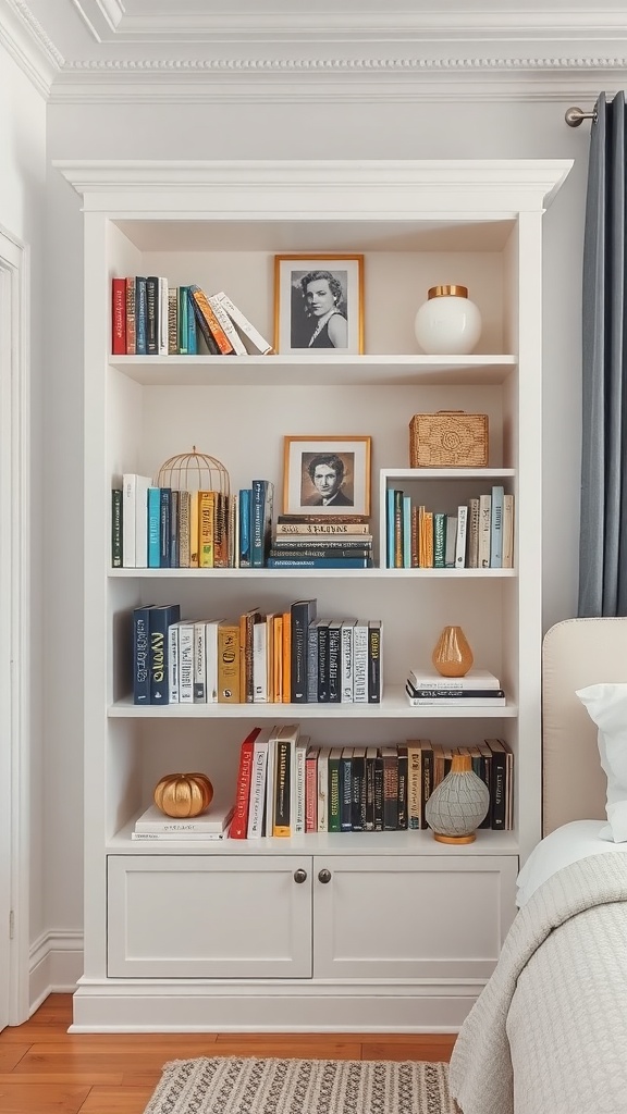 Image of a stylish white bookshelf filled with books and decorative items