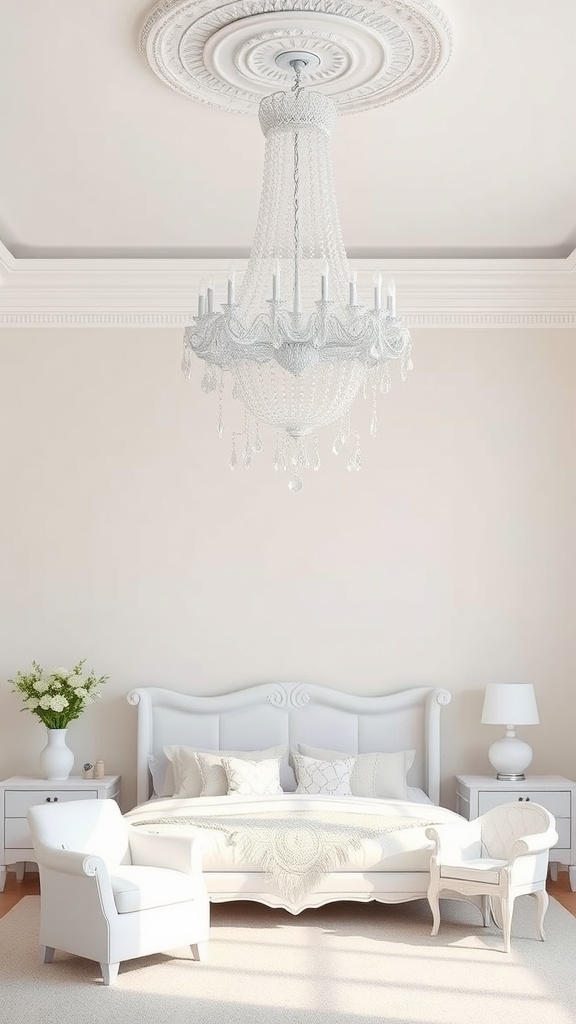 A beautiful bedroom with a white chandelier hanging from the ceiling, white bed, and matching furniture.