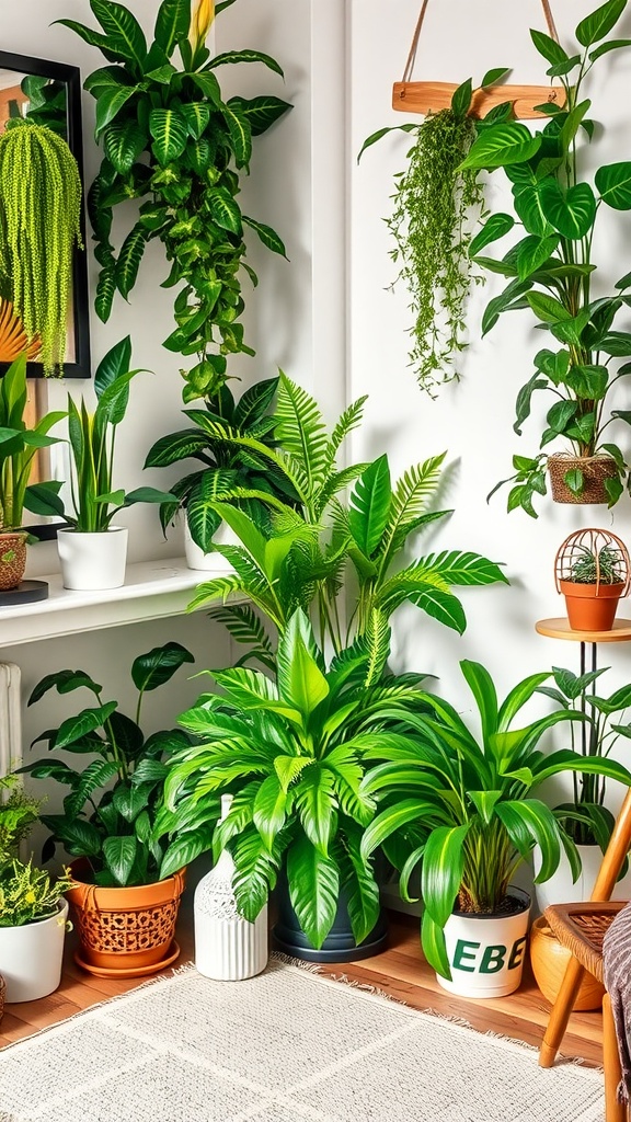 A cozy living room corner filled with various indoor plants, creating a lush and inviting atmosphere.