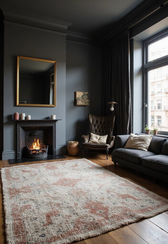 23 Dark and Moody Living Room Ideas - 9. Layered Rugs