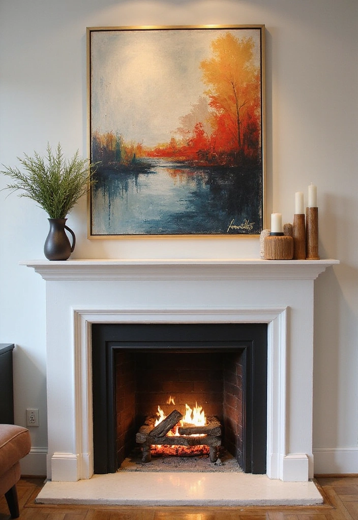23 Living Room Fireplace Decor Ideas - 12. Statement Art Pieces