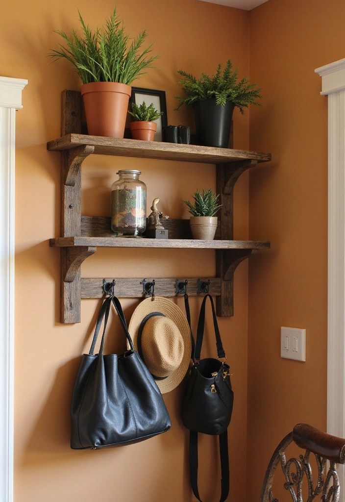 24 Living Room Corner Wall Shelf Ideas: Rustic Corner Wall Shelves for Small Spaces - 13. Corner Shelf with Decorative Hooks for Added Functionality