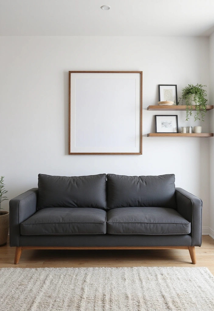 21 Dark Grey Couch Living Room Ideas - 19. Minimalist Wall Decor