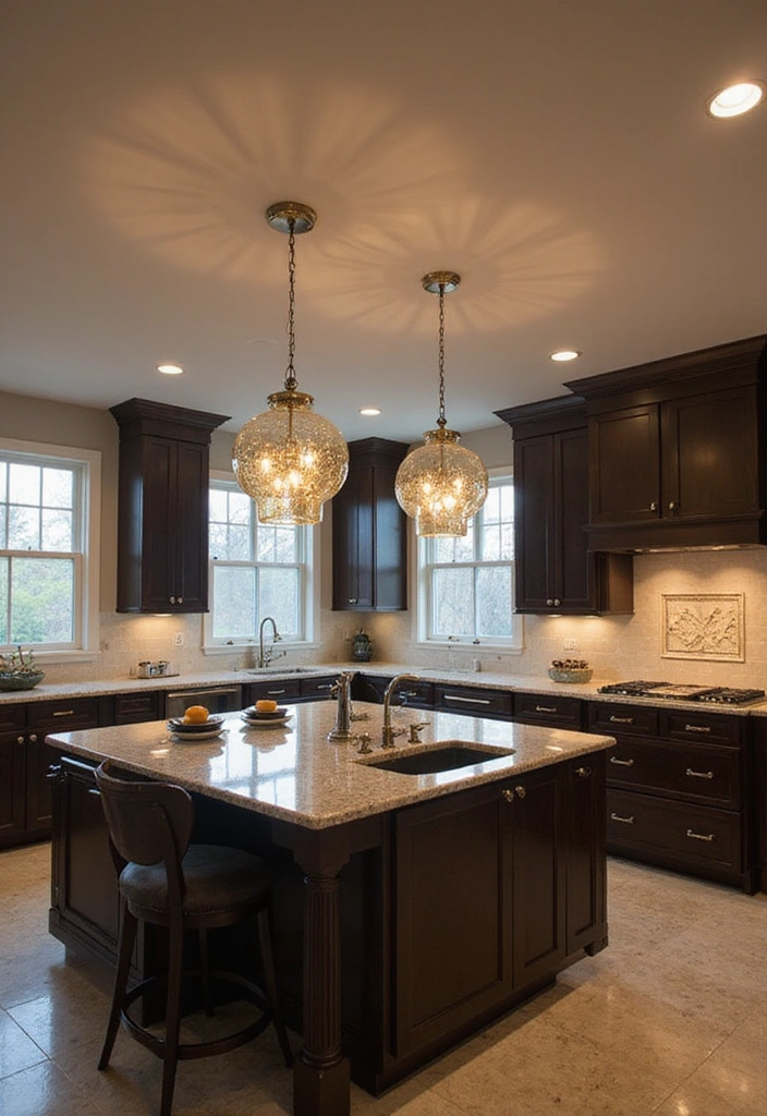 25 Modern Luxury Kitchen With Island Ideas - 8. Elegant Lighting Above the Island