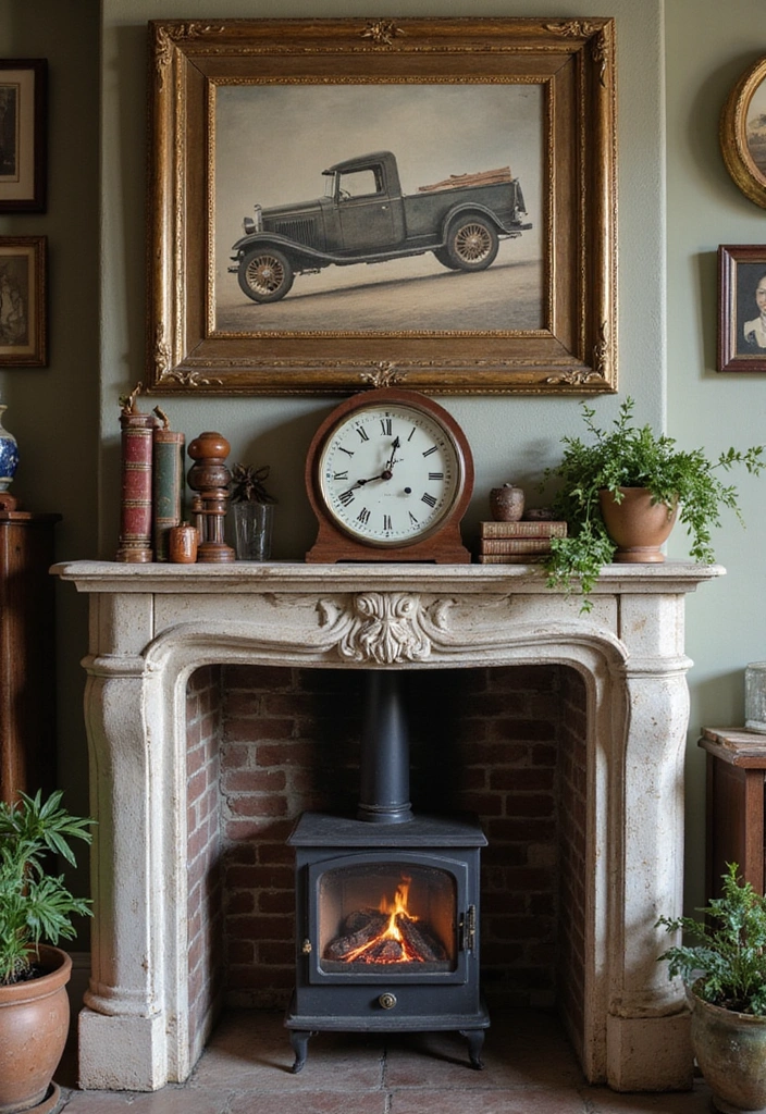 23 Living Room Fireplace Decor Ideas - 11. Vintage Finds