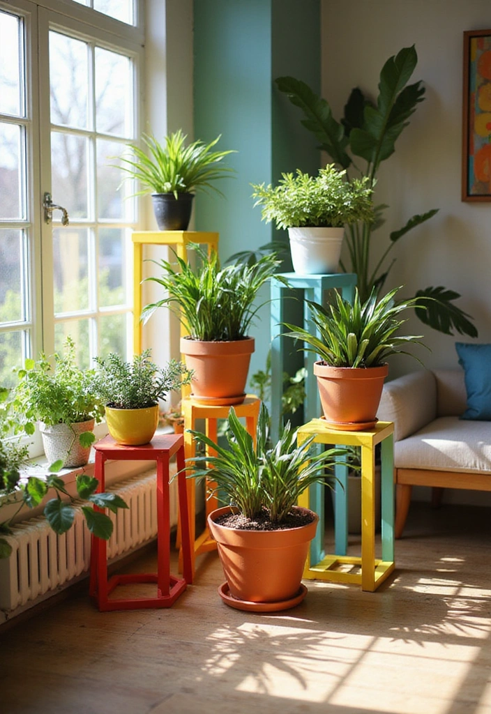 22 Mini Greenhouse Ideas for Stunning Indoor Decor - 14. Colorful Plant Stands