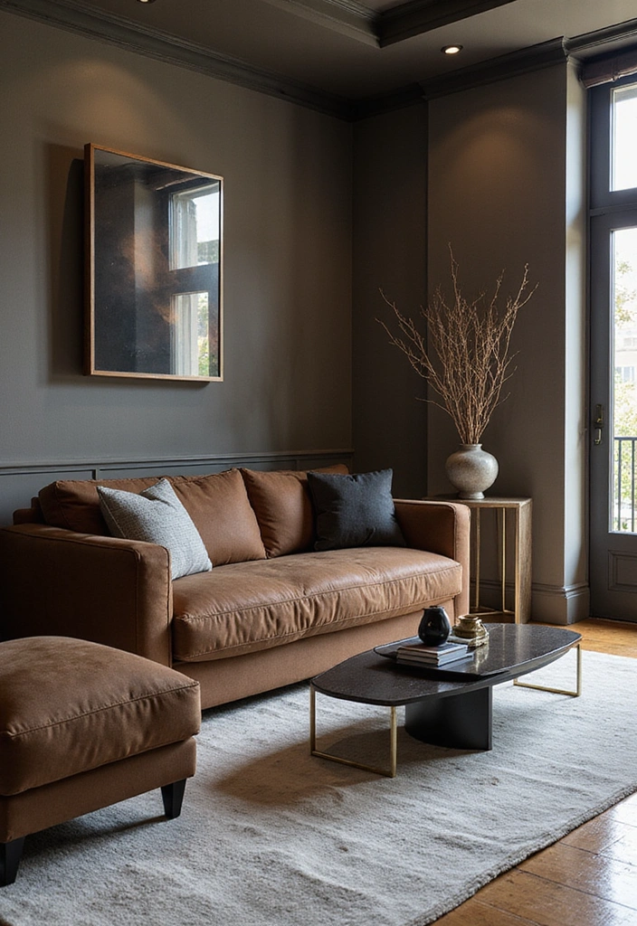27 Dark Brown Couch Living Room Ideas - 15. Contemporary Elegance