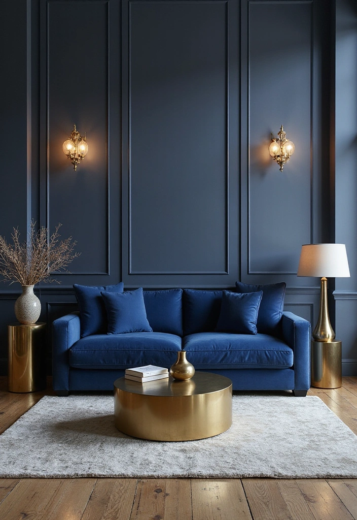 22 Amazing Concepts Navy Blue Living Room - 6. Mixing Navy with Metallic Accents