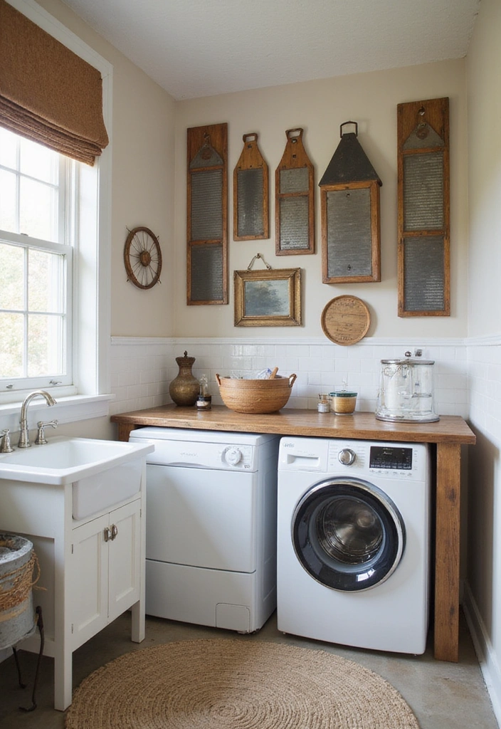 24 Farmhouse Small Laundry Room Ideas - 14. Vintage Washboards as Decor