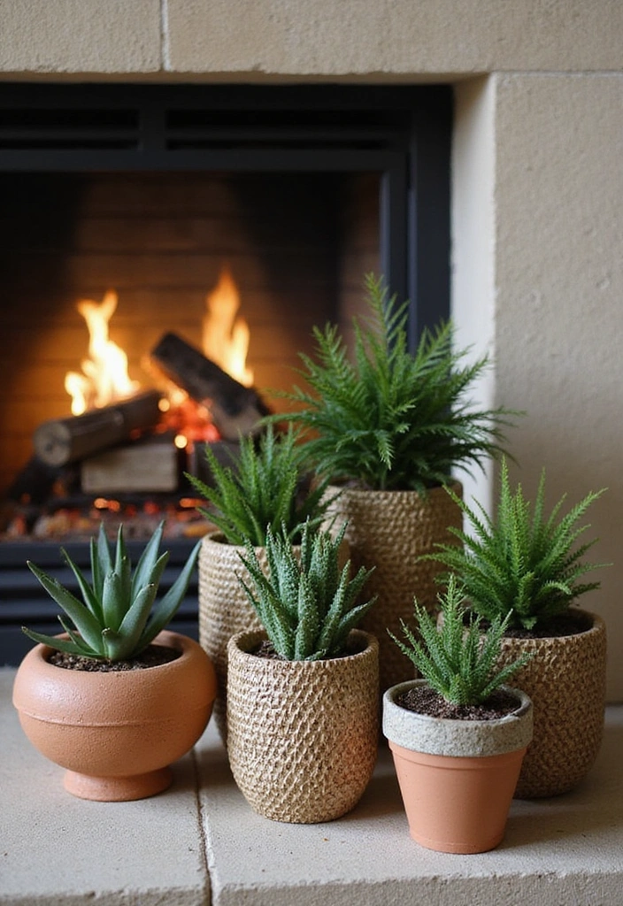 21 Fireplace Plant Decor Ideas - 14. Textured Planters