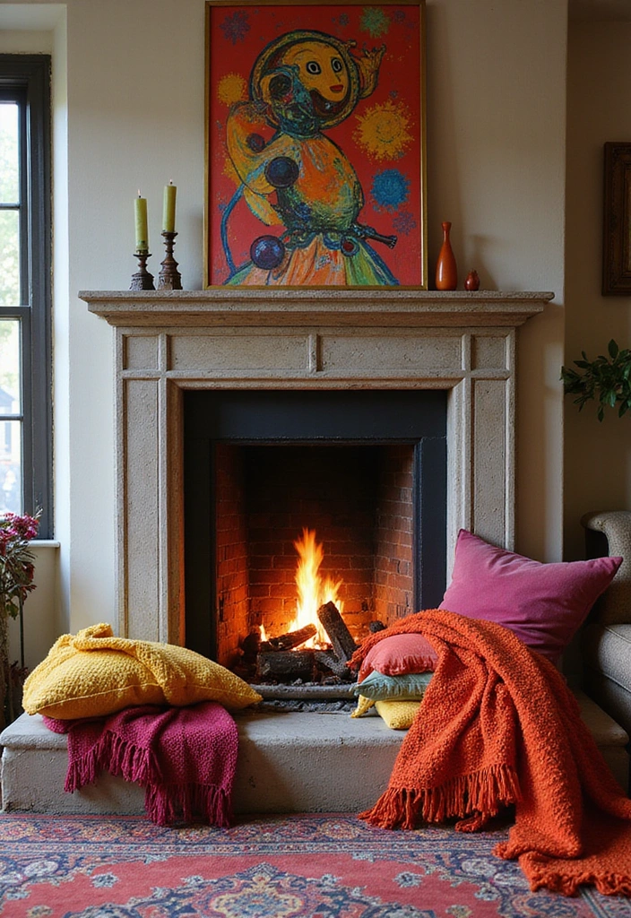 23 Living Room Fireplace Decor Ideas - 13. Colorful Accents
