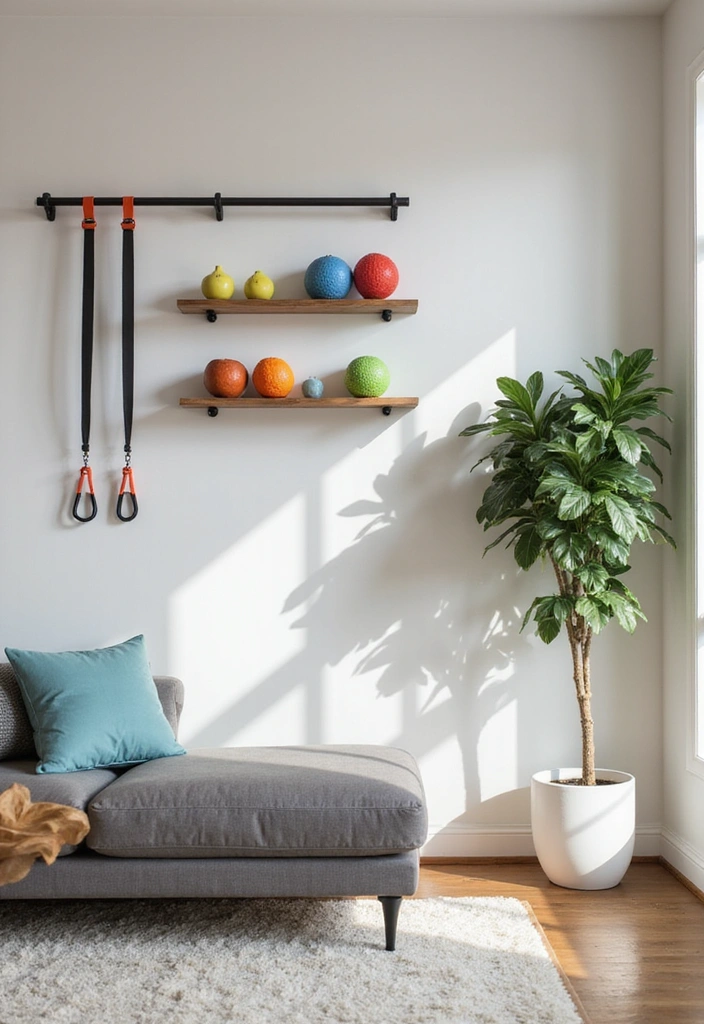 24 Home Gym Ideas for Your Living Room - 1. Wall-Mounted Workout Station