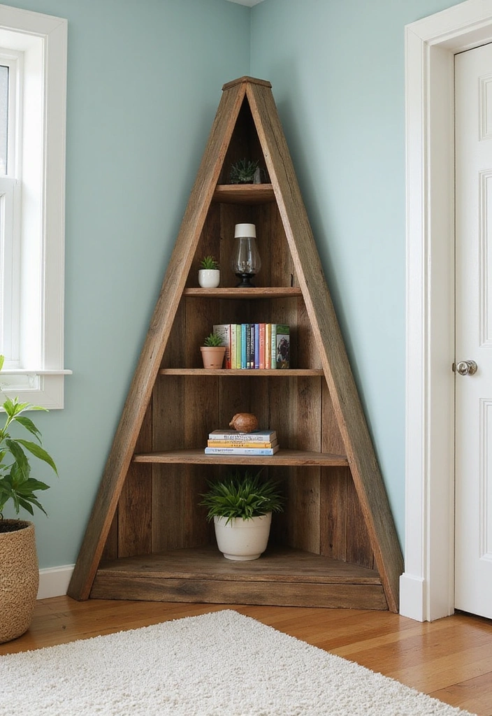 24 Living Room Corner Wall Shelf Ideas: Rustic Corner Wall Shelves for Small Spaces - 3. Triangle Corner Shelf for Smart Space Utilization