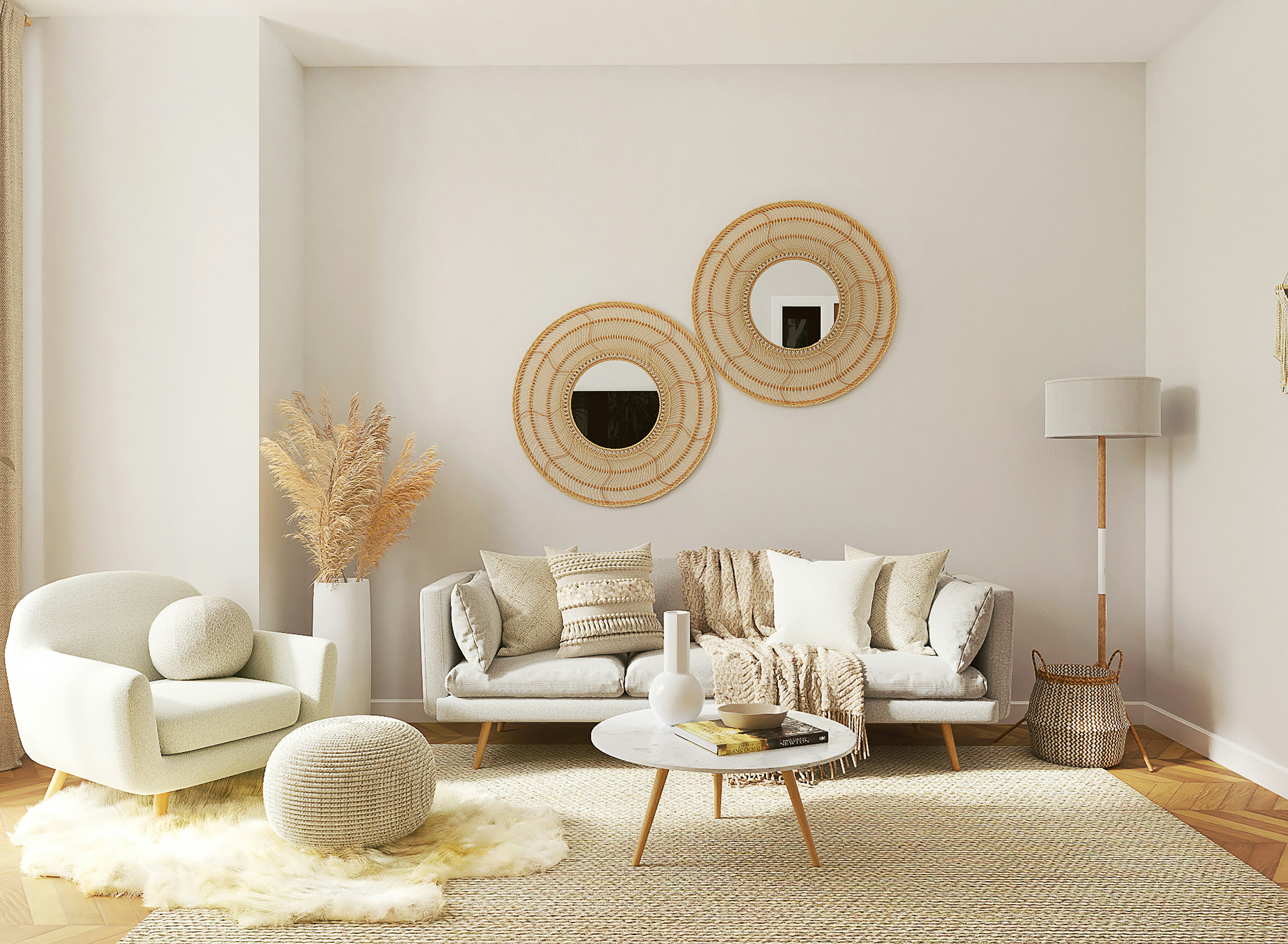 a living room filled with furniture and a mirror a living room filled with furniture and a mirror